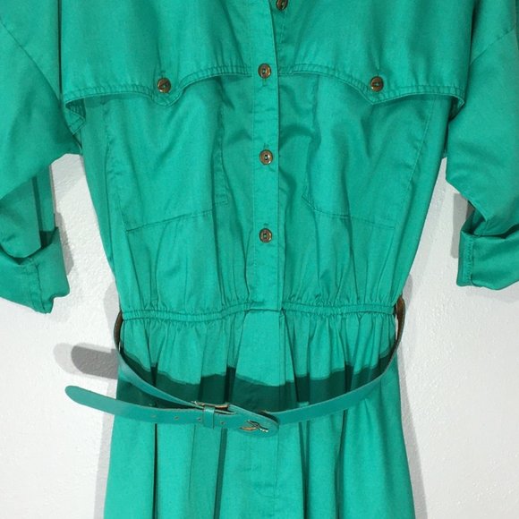 Vintage 80s Day Dress, Green Shirt Dress, Vintage Dress with Pockets Size Medium - Picture 10 of 14